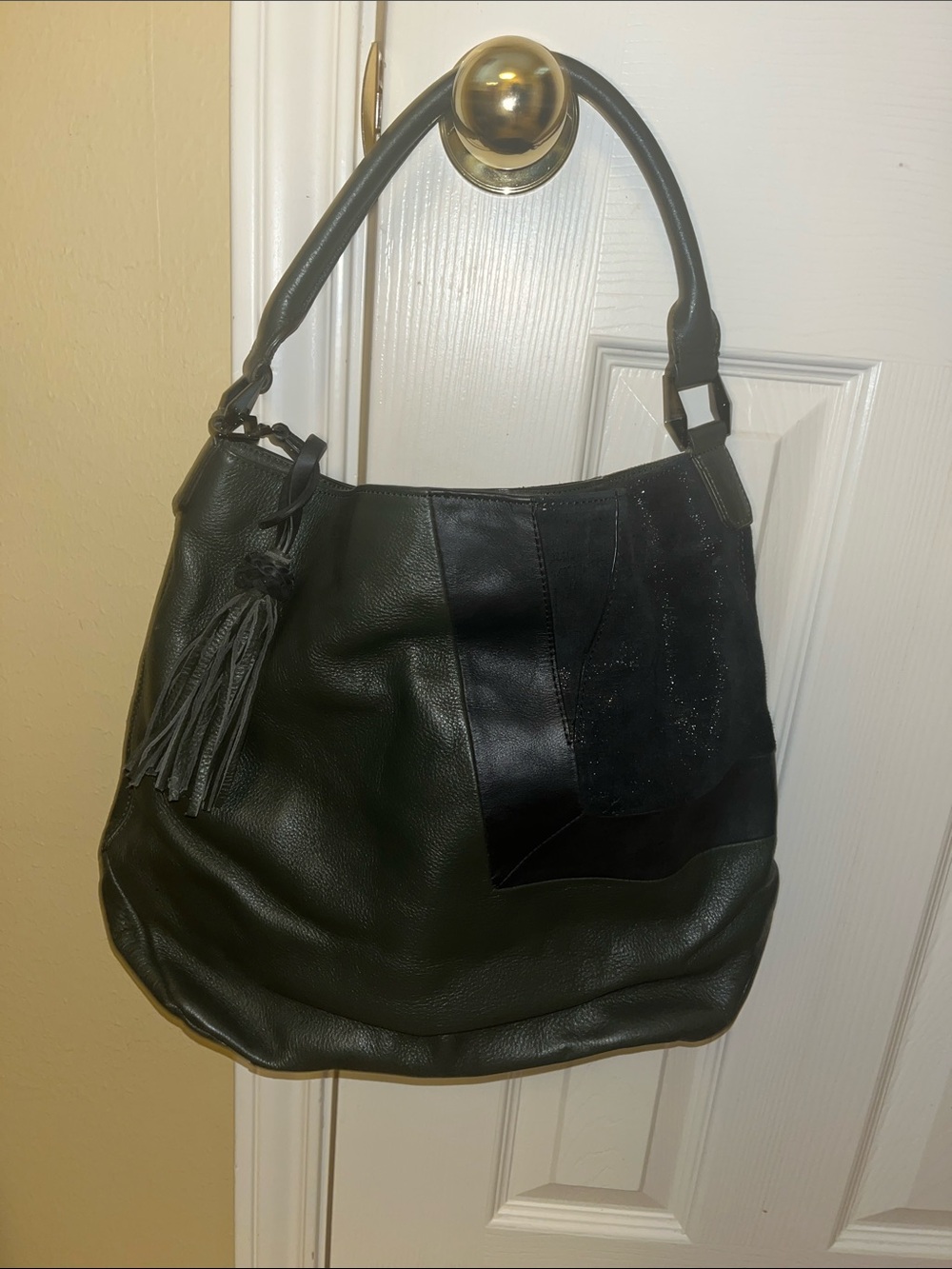 Trina Turk Dark Green and Black Patchwork Leather Shoulder Bag with Tassel